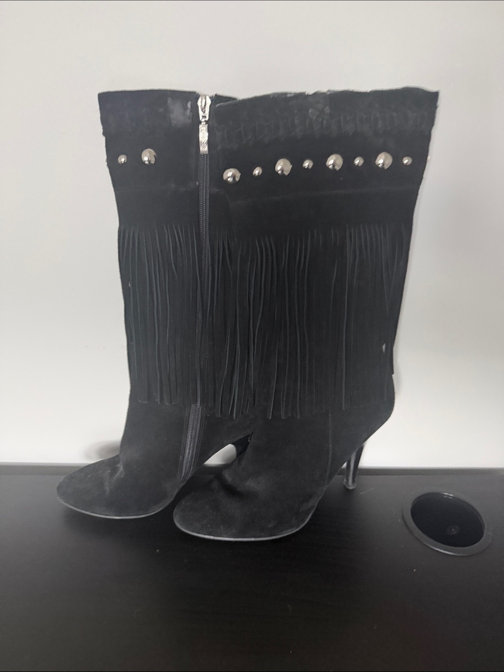 Guess Black Fringe Suede Mid-Calf Heeled Boots